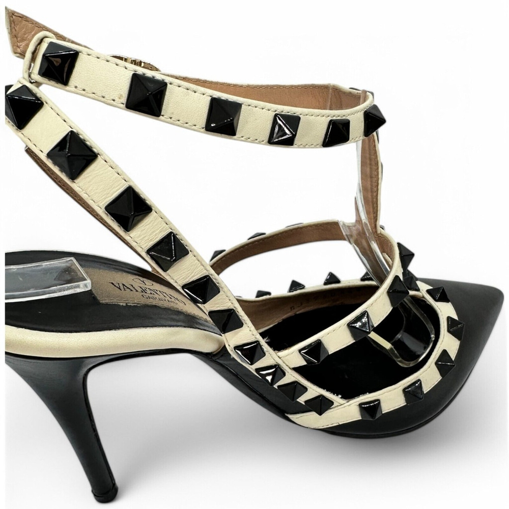 Valentino Rockstud Ankle Strap 100mm Pumps 36.5 Black Light Ivory Leather - Picture 10 of 14